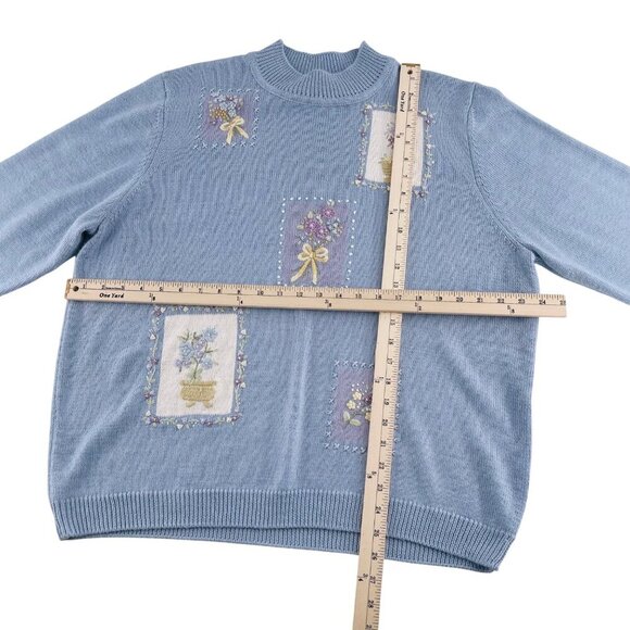 Vintage Alfred Dunner Blue Sweater‎ Floral Embroidery XL Flowers Bows grandma - Picture 3 of 4